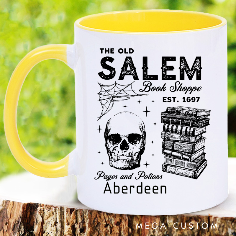 Personalized Salem Book Store Mugs Custom Skeleton and Book Coffee Mug with Name Halloween Spooky Mug Book Lover Gift for Halloween Gift