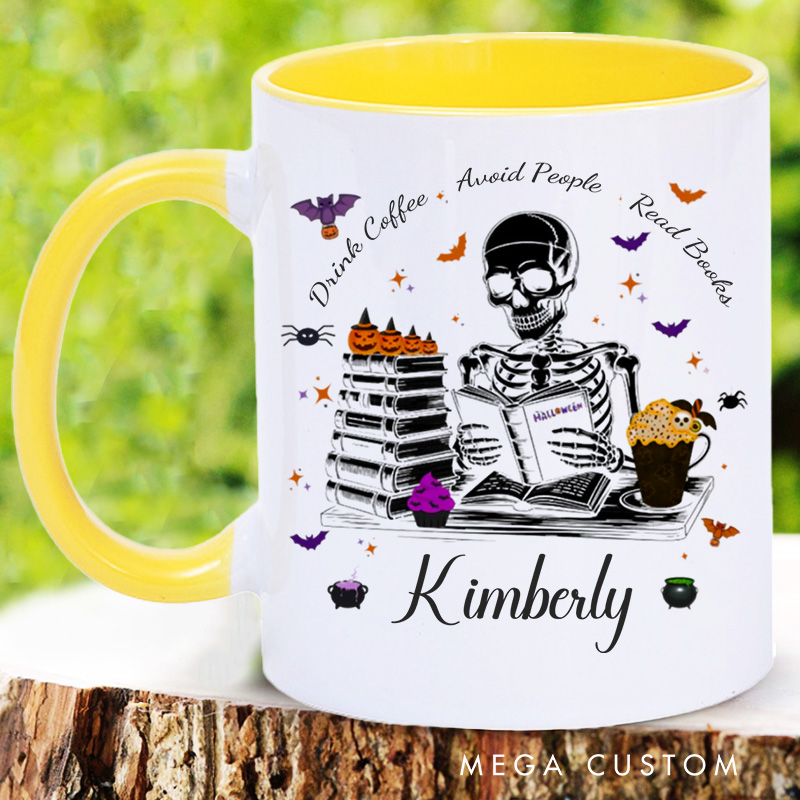Personalized Drink Coffee Avoid People Read Books Mugs Custom Reading Skeleton Coffee Mug with Name Book Lover Gift for Halloween Gift