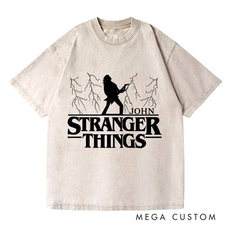 Personalized Washed T-Shirts Bold Guitarist and Lightning Unique and Dynamic T-Shirt