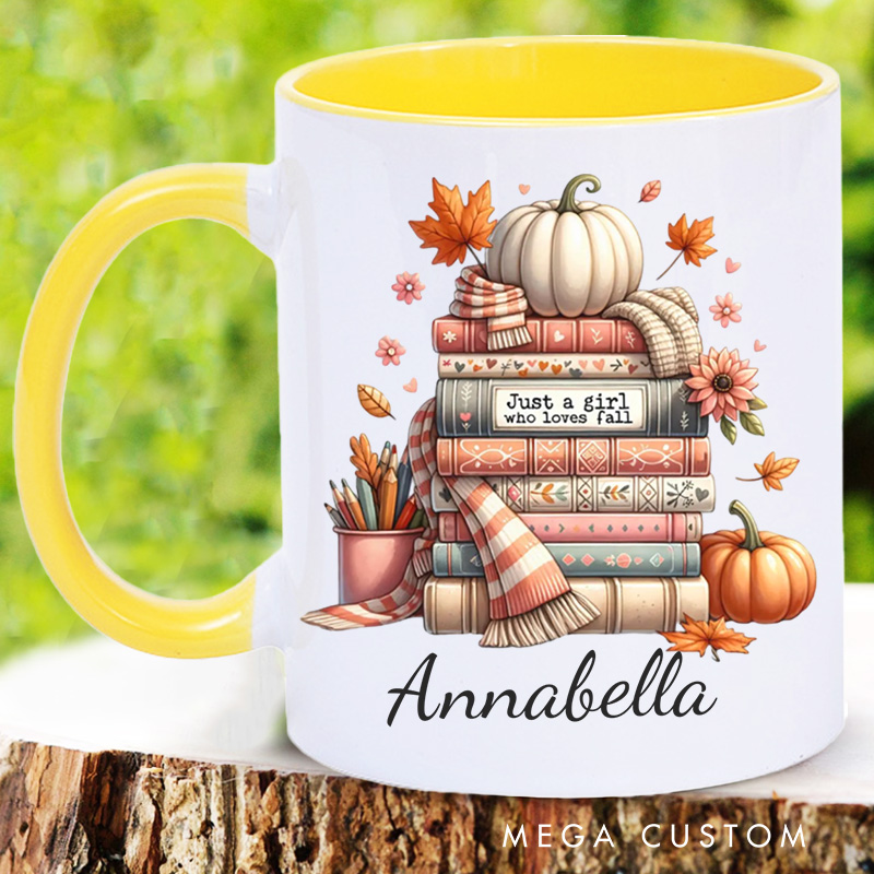 Personalized Just a Girl Who Loves Fall Mugs Custom Autumn Pumpkin Coffee Mug with Name Fall Book Lover Mug Book Lover Gift for Librarian Gift