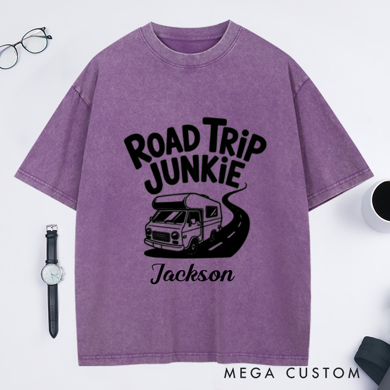 Personalized Road Trip Junkie Washed T-Shirt for Traveling Lovers Traveler Gifts Road Trip Tee