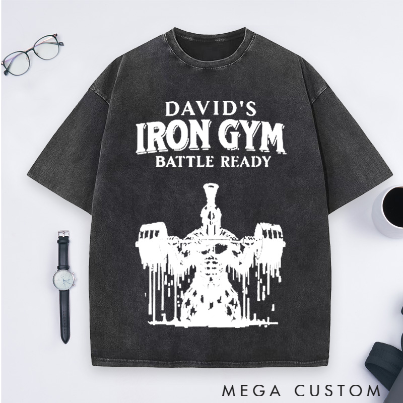 Personalized Gym Washed T-Shirts with Classic Soldier with Barbell Design for Fitness Enthusiasts Bodybuilders and Gym Lovers