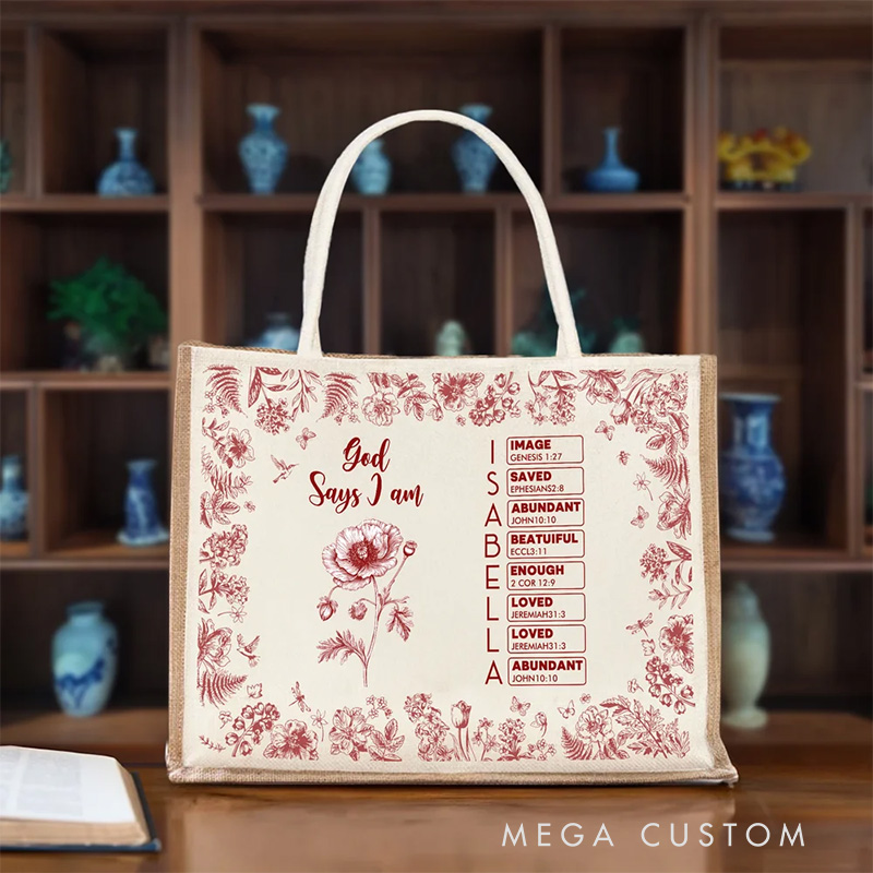 Personalized Toile De Jouy Birth Flower Bible Chapter Name Large Capacity Jute Tote Bag Baptism Birthday Christmas Gift for Women Christians