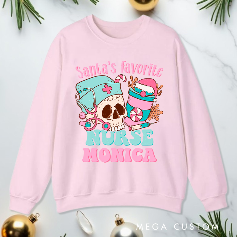 Personalized Nurse Sweatshirt Customized Santa's Favorite Nurse Design Sweatshirt Nurse Christmas Gifts 