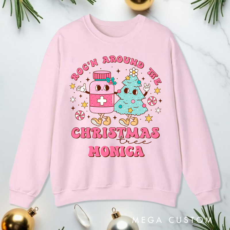 Personalized Nurse Sweatshirt Customized Rock'n Around the Christmas Tree Design Sweatshirt Nurse Christmas Gifts 