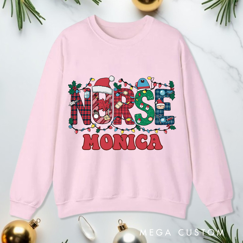 Personalized Nurse Sweatshirt Customized Festive Nurse Christmas Lights Design Sweatshirt Nurse Christmas Gifts 