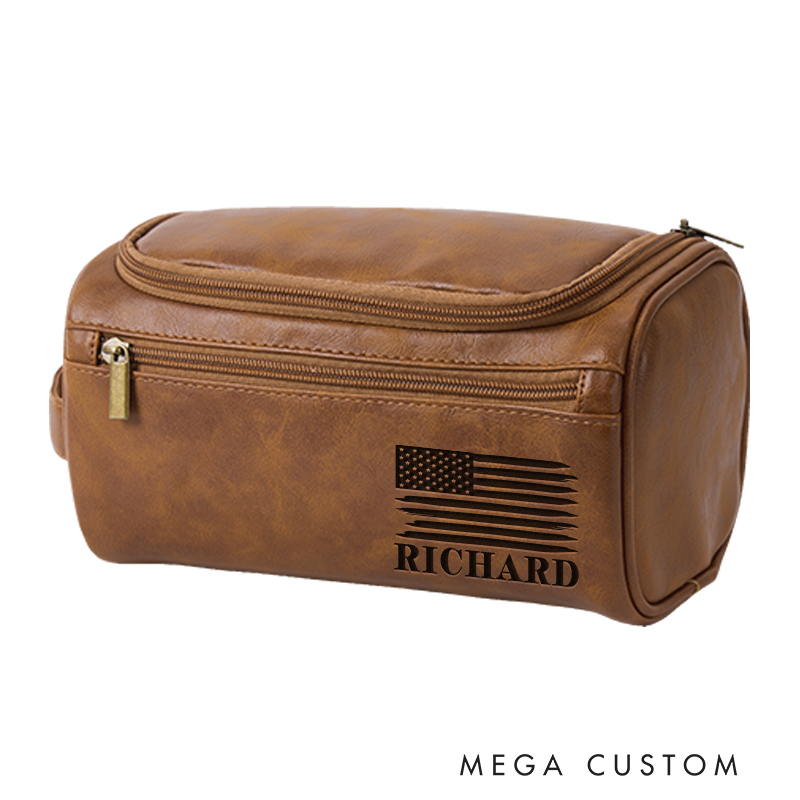 Personalized Classic American Graphic Leather Dopp Kit Art Lover Mens Leather Toiletry Bag Engraved Dopp Bag Gift For Men