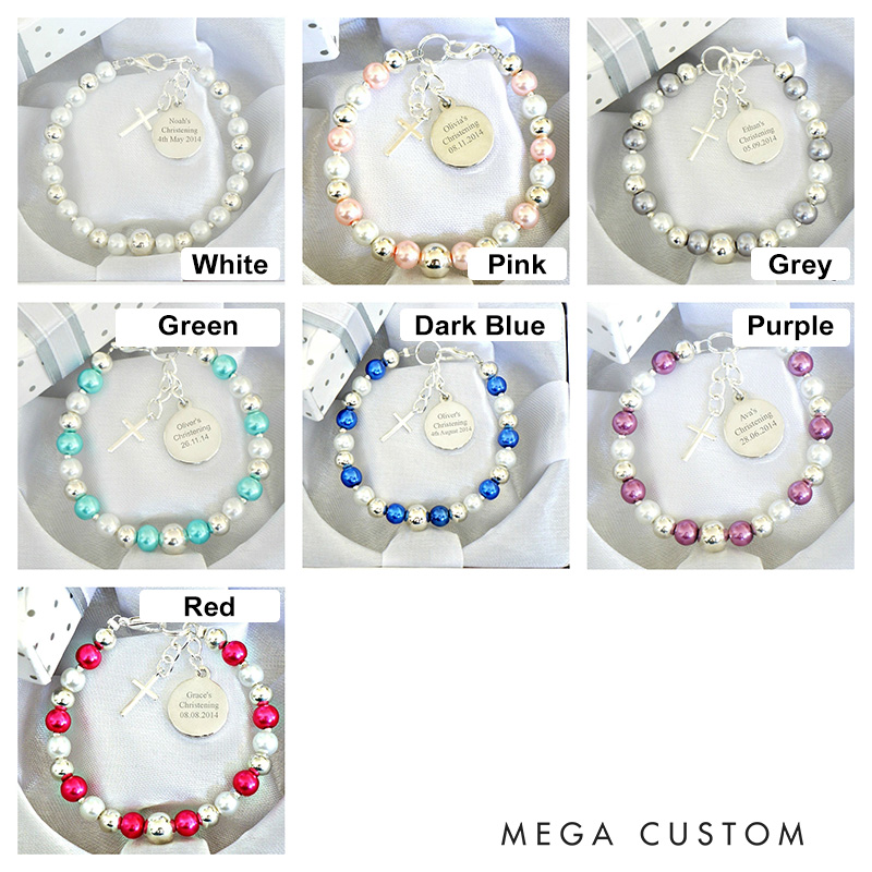 Personalized Cross Acrylic Pearl Elastic Cord Baptism Bracelet with Name and Date Religious Christmas Gift for Christian Christening Gift