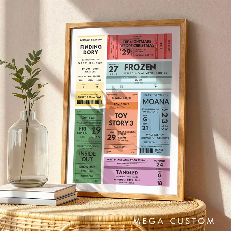 Personalized Square Movie Ticket Poster Without Frame Custom Film Lover Art Gift for film fans Date Night Wall Decor
