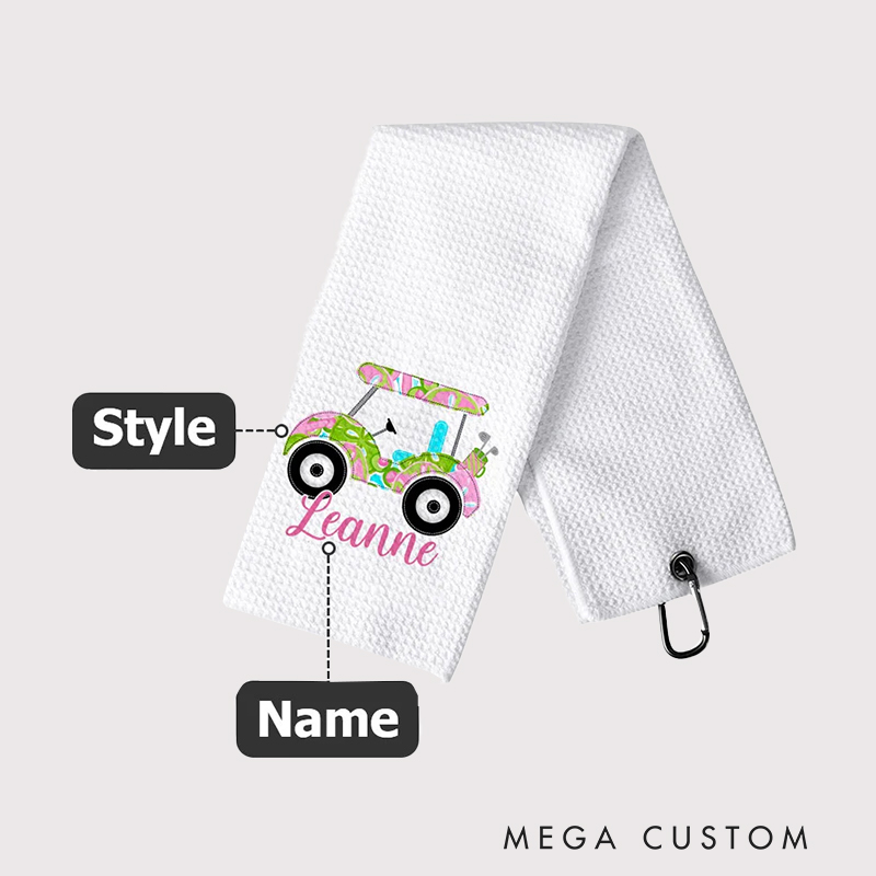 Personalized Golf Towel with Floral Golf Cart and Custom Name Design  
