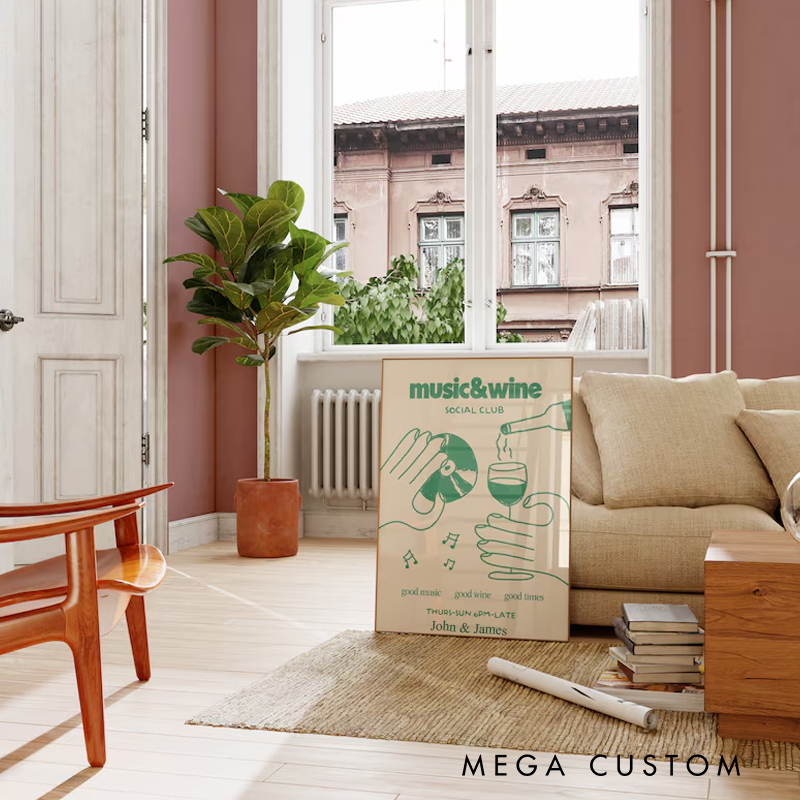 Personalized Music Poster Print Music & Wine Illustration Wall Art Wine Print Without Frame Wall Decor Retro Social Club Poster