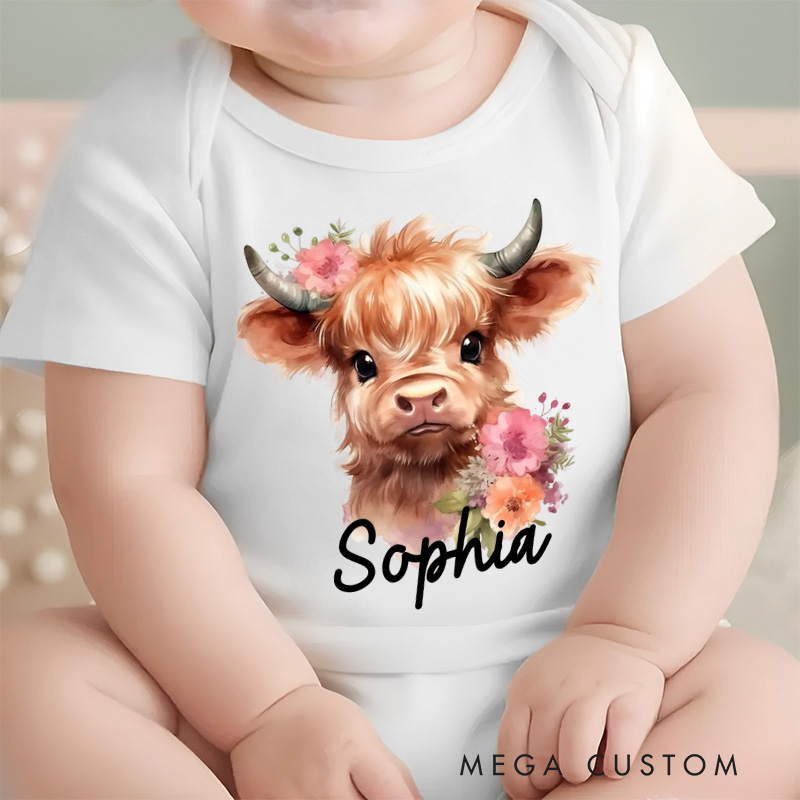 Personalized Flower Highland Cow Baby Onesie with Name Birthday Christmas Gift for Highland Cow Lover