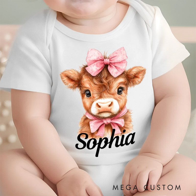 Personalized Flower Highland Cow Baby Onesie with Name Birthday Christmas Gifts for Highland Cow Lover