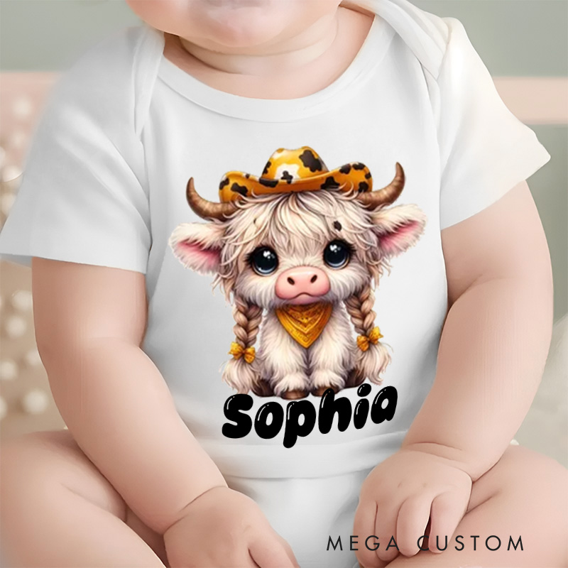 Personalized Flower Highland Cow Baby Onesie with Name Birthday Gifts for Highland Cow Lover