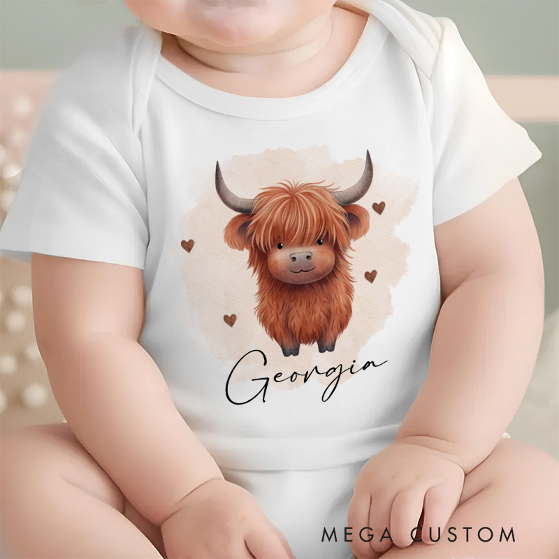 Personalized Highland Cow Baby Onesie with Name Birthday Gift for Highland Cow Lover