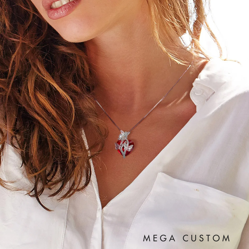 Personalized Birth Month Butterfly Zircon Crystal Heart Pendant Necklace with 1-6 Engraved Name Birthday Mother's Day Gardening Loves Gift for Women