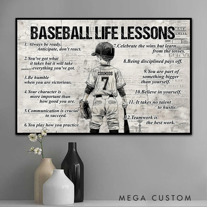 Personalized Baseball Life Lessons Wall Art Poster Without Frame with Custom Name and Number  