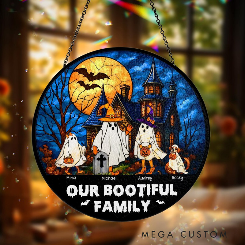 Personalized Name Our Bootiful Family Stained Glass Suncatcher Custom Halloween Window Hanging Fall Stained Glass Art Spooky Home Decor