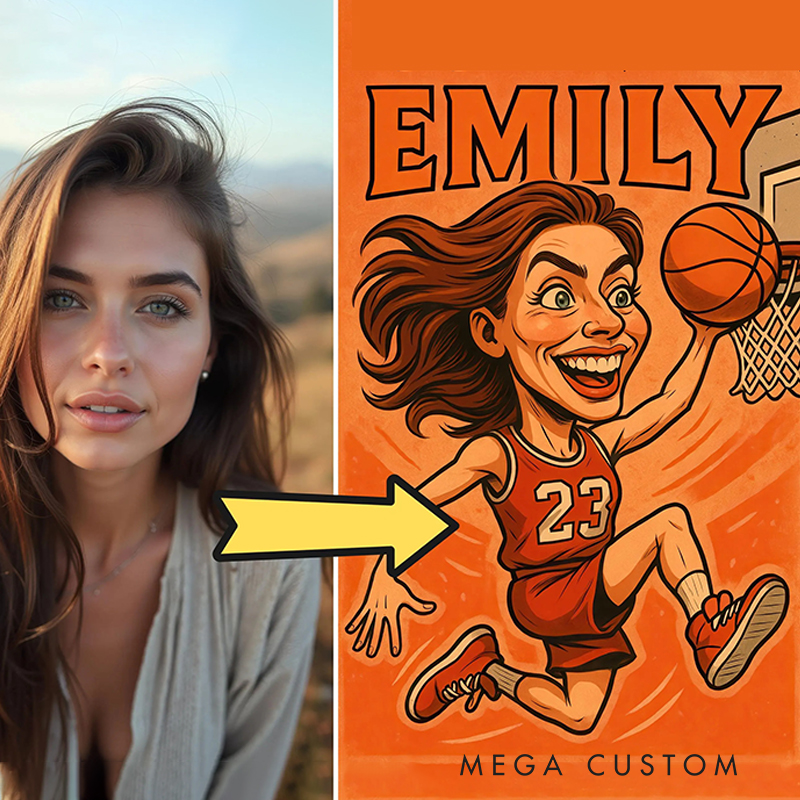 Personalized Borderless Basketball Caricature Poster Featuring Custom Name, Jersey Number, and Fun Illustration
