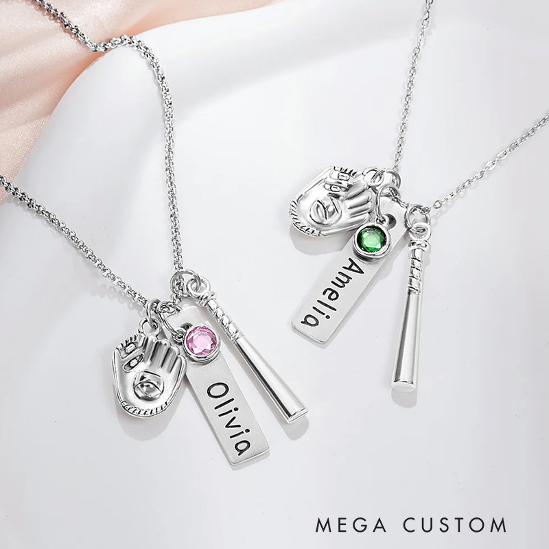 Personalized Birthstone Softball Baseball Bat Glove Necklace with Engraved Name Game Day Team Birthday Gift for Sports Lover