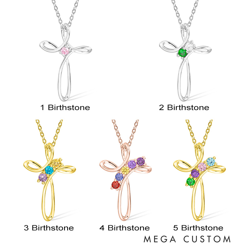 Personalized 1-5 Birthstone Cross Pendant Necklace Mother's Day Gift for Mom Birthday Religious Gift for Women