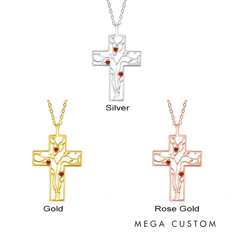 Personalized Cross 3 Birthstones Family Tree Necklace Dainty Jewelry Mother's Day Baptism Birthday Gift for Mom Grandma Christian