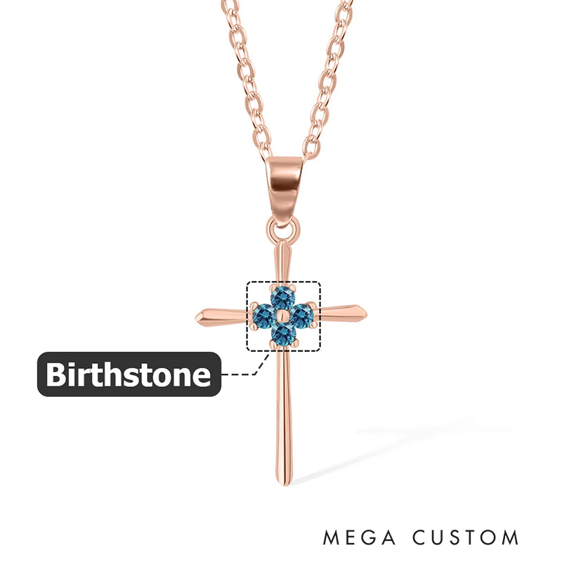 Personalized Minimalism 4 Birthstones Cross Necklace Jesus Jewelry Birthday Christian Baptism Gift for Women