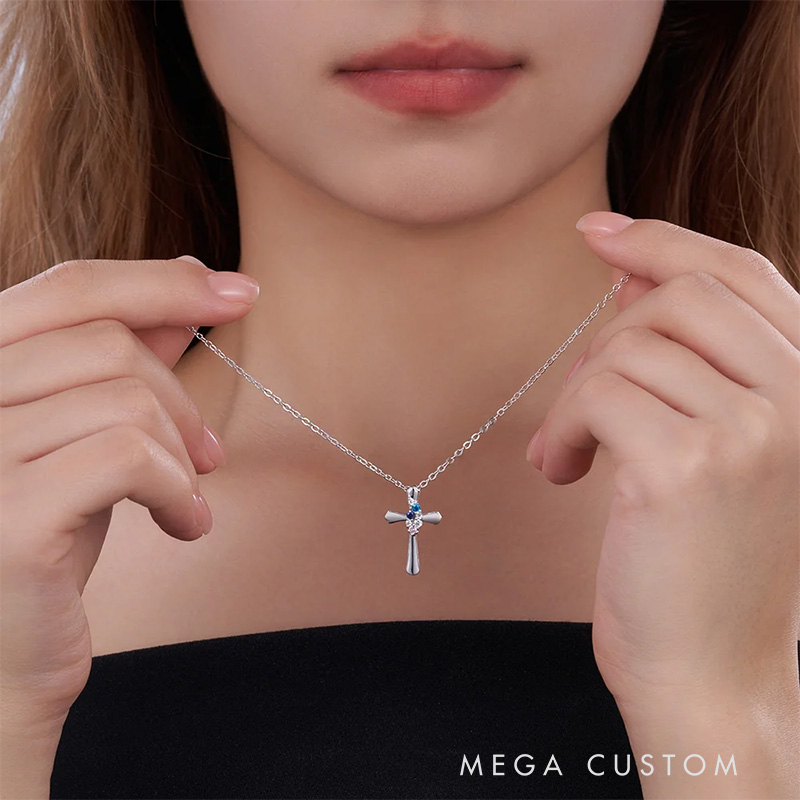 Personalized Dainty Zircon Cross Necklace with 1-4 Birthstones Religious Jewelry Birthday Baptism Mother's Day Gift for Women Christian