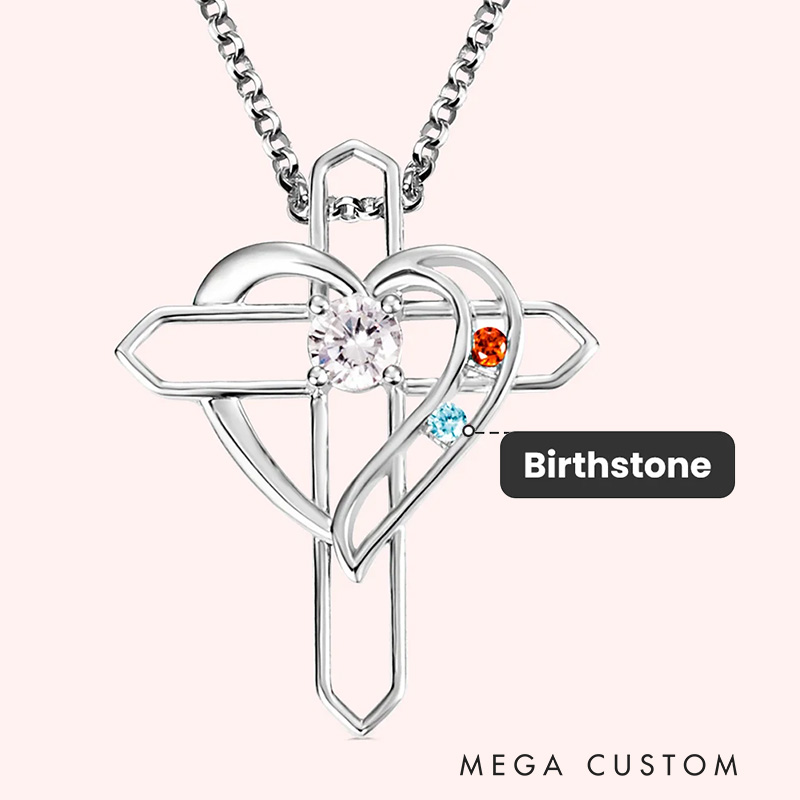 Personalized Heart and Cross Family Birthstone Necklace with 2/4 Birthstones Religious Jewelry Birthday Baptism Mother's Day Gift for Women Christian