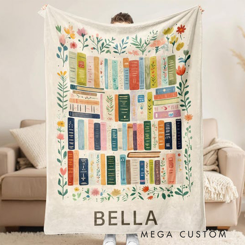 Personalized Vintage Bookshelf Library Throw Blanket Book Floral Blanket with Name Floral Bookish Blanket Gift For Book Lover Librarian Gift
