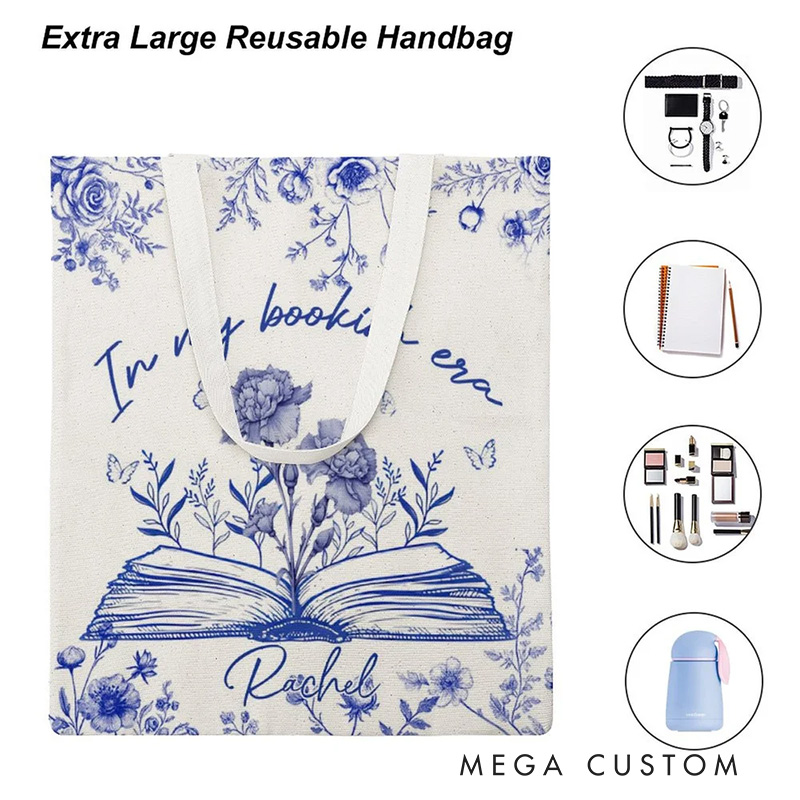 Personalized in My Bookish Era Toile Tote Bag Birth Flower Canvas Bag with Name Birthday Gift for Reading Lover Bookworm Bookish Gift