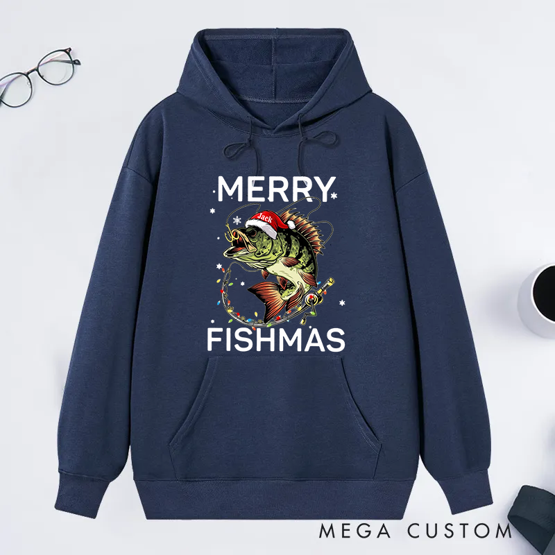 Personalized MERRY FISHMAS Fishing Hoodie Christmas Fishing Gift Funny Christmas Design Perfect Gift for Fishing Lover to Celebrate the Holiday Season