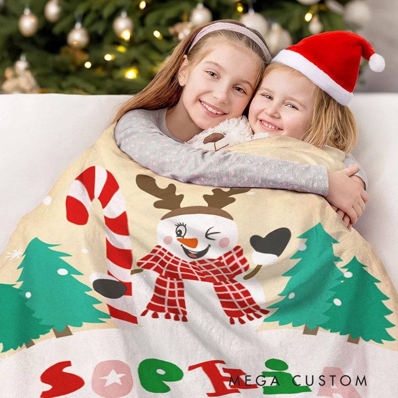 Personalized Cute Candy Cane Top Hat Snowman Soft Throw Blanket with Colored Name Winter Home Decor Holiday Christmas Gift