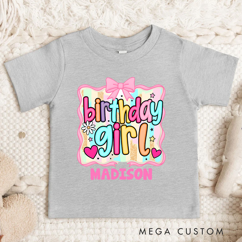 Personalized Birthday Girl Kids T-Shirt with Bright Colors and Fun Bow Design for Celebratory Style