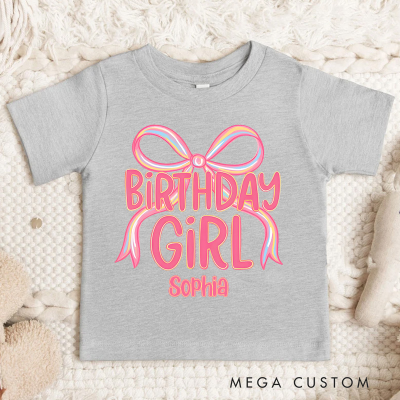 Personalized Birthday Girl Kids T-Shirt with Pink Bow and Bold Lettering for a Stylish Celebration