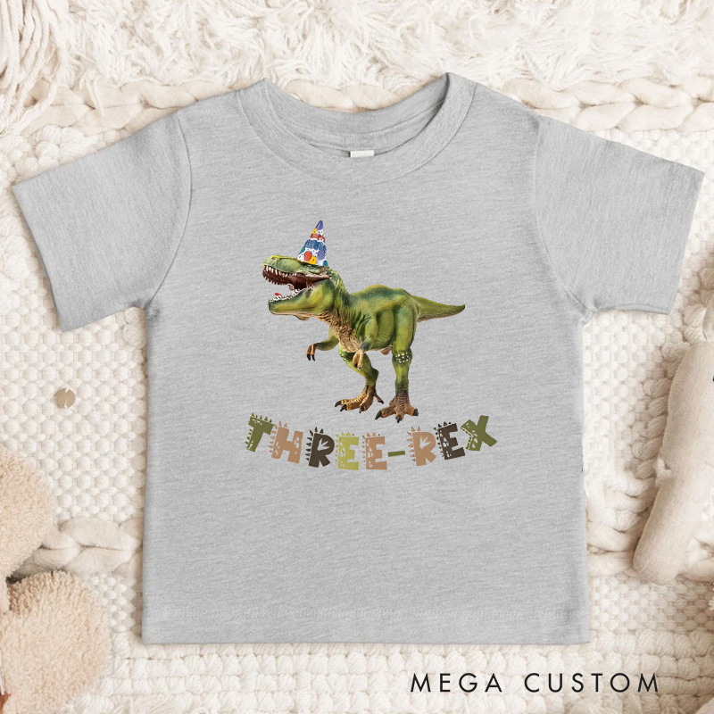 Personalized Dino Explorer Kids Birthday T-Shirt with Dinosaur Graphic and Name for Little Adventurers Birthday Gift