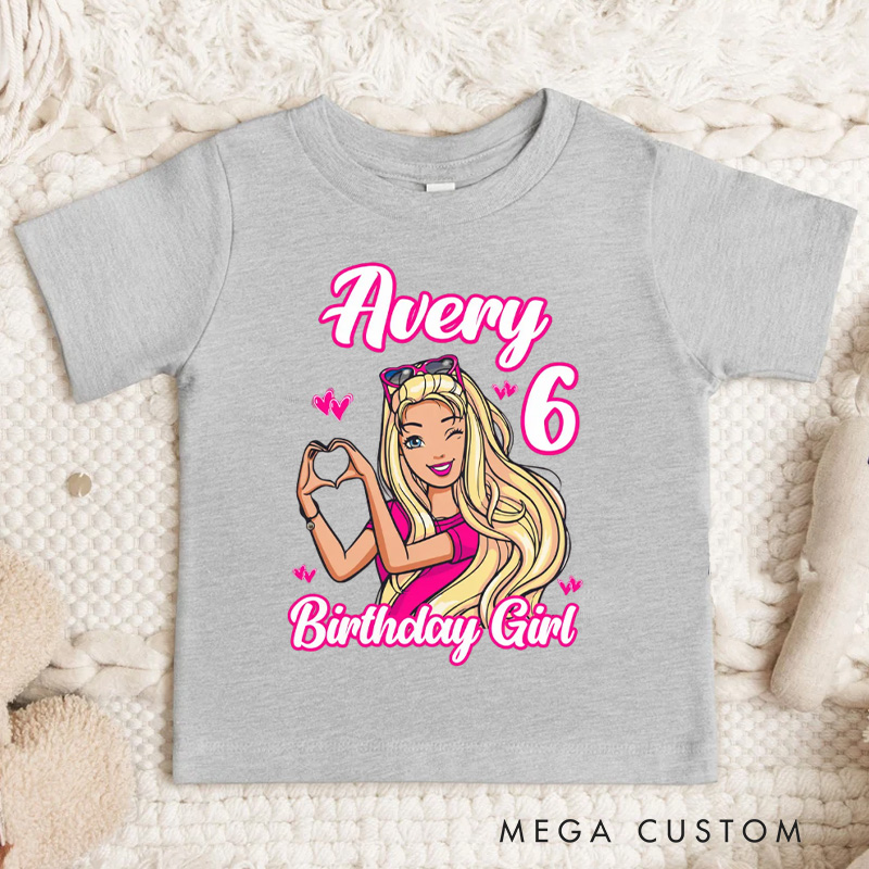 Personalized Birthday Girl Kids T-Shirt with Pink Princess Theme and Name for a Magical Birthday