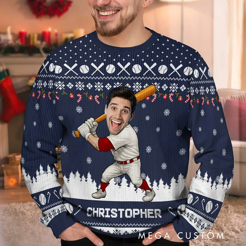 Personalized Baseball Christmas Ugly Sweatershirt with Custom Face and Name  