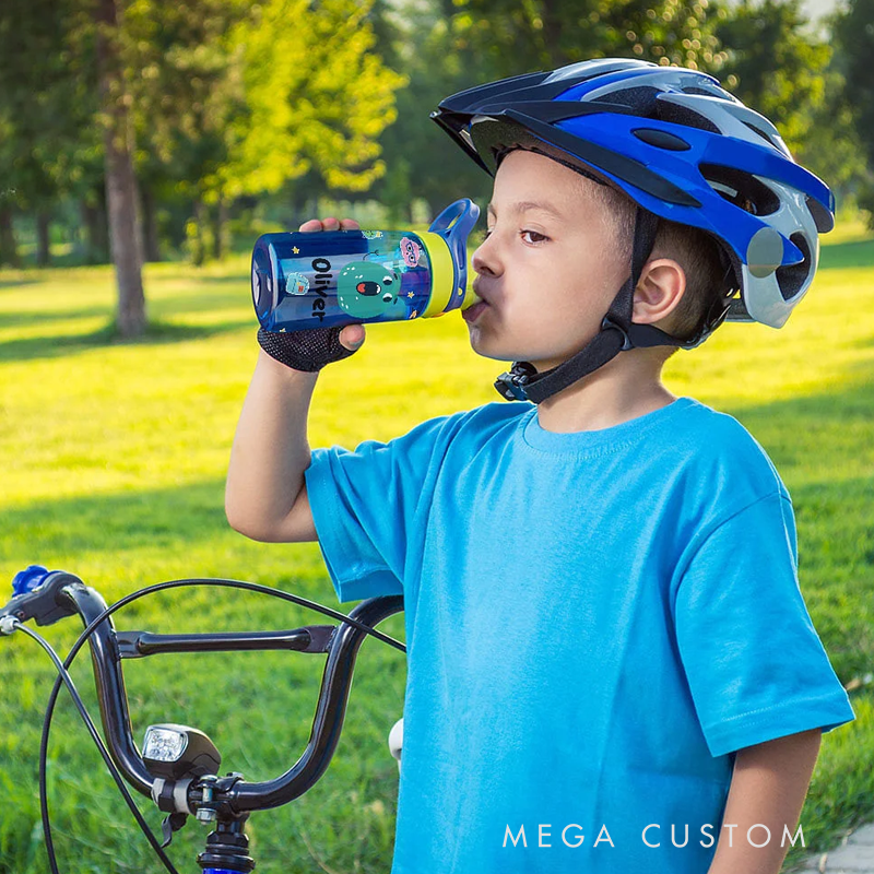 Personalized Colorful Cartoon Photo Name 16oz Kid's Water Bottle with Silicone Straw and Handle Birthday Back to School Gift for Boys Girls