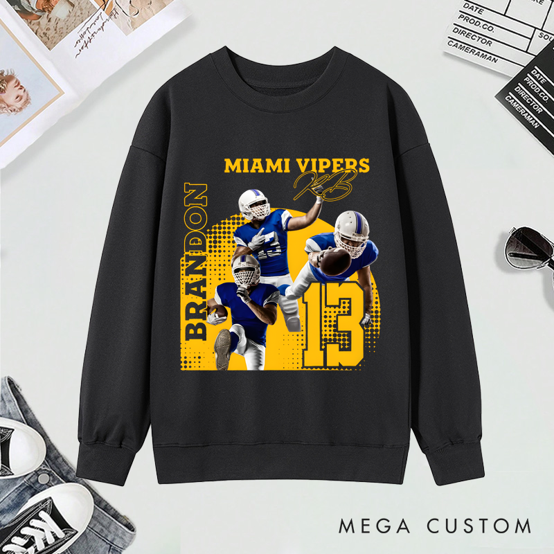 Personalized American Football Sweatshirt with Custom Photo, Name, Team Name, and Number Design