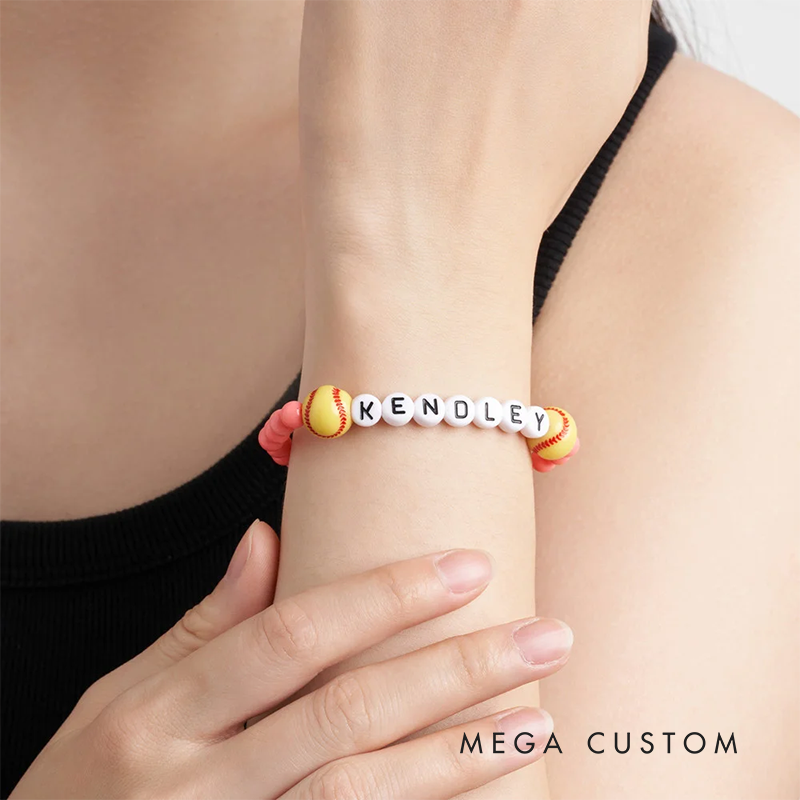 Personalized Sports Beaded Bracelets with Custom Name and Ball Charm Design