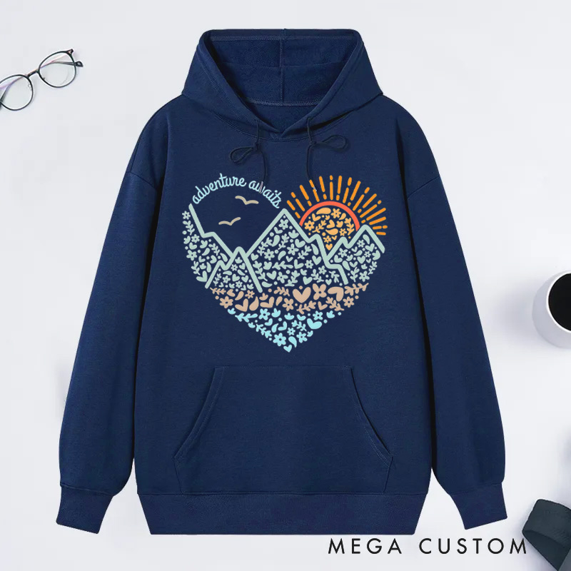 Personalized Adventure Awaits Hoodie Mountains Heart Hoodie, Adventure Hoodie Nature Lover Hoodie Hiker Camping Gift