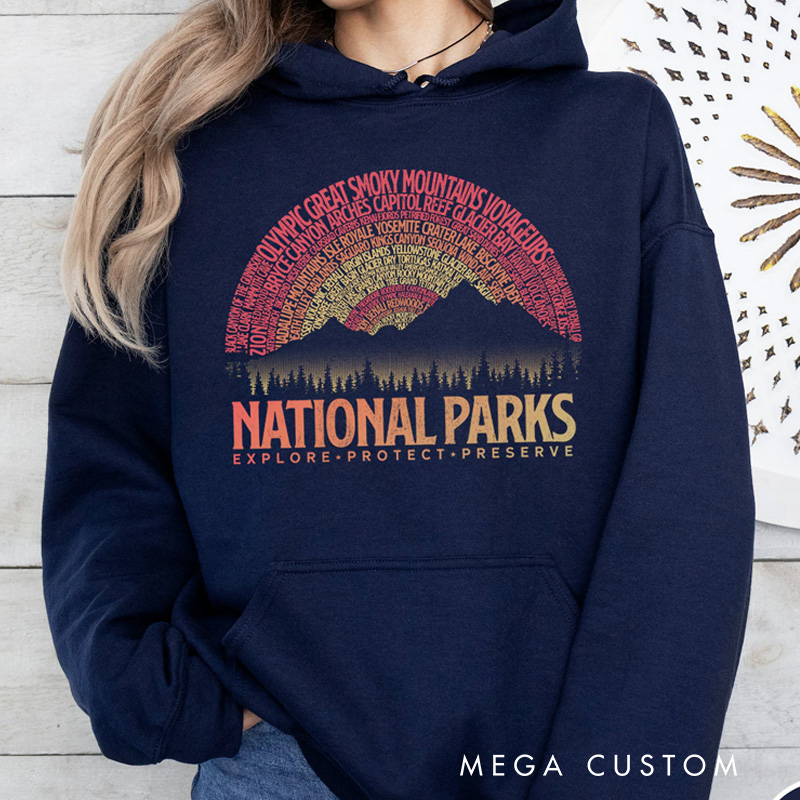 Personalized National Parks Vintage Sunset Hoodie 63 National Parks Gift for Outdoor Lover National Parks List Mountain Hoodie