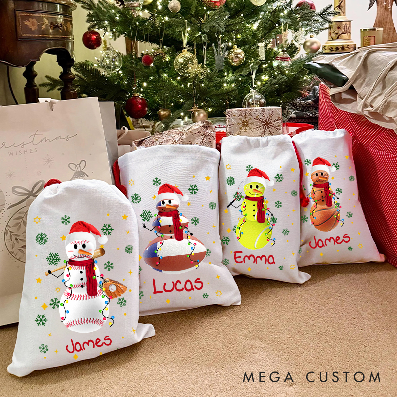 Personalized Christmas Sack with Snowman, Sports Theme, and Custom Name  