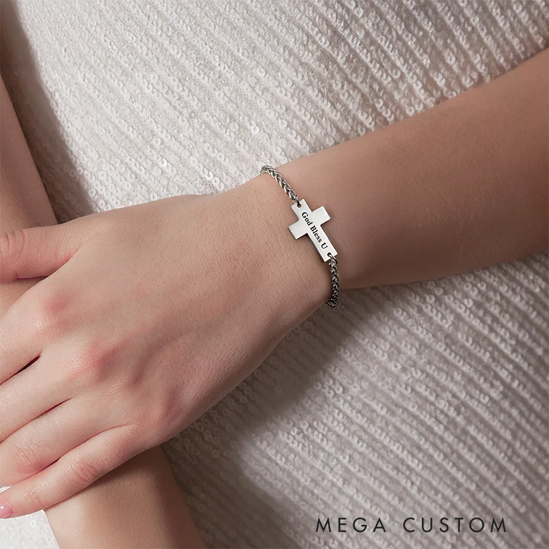 Personalized Cross Pendant Bracelet with Engraved Text Religious Jewelry Baptism Prayer Birthday Gift for Christians