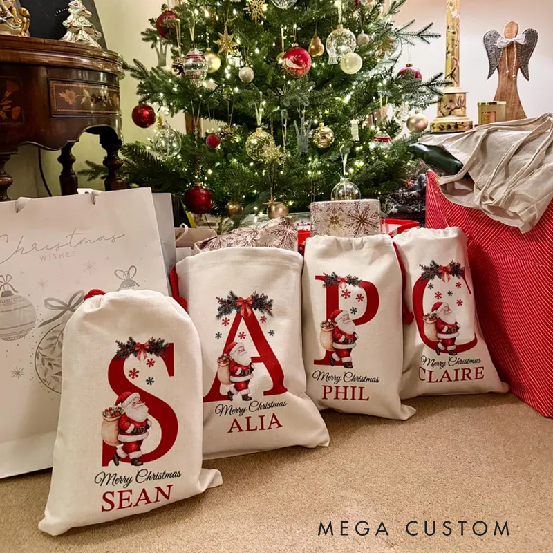 Personalized Santa Christmas Sack Custom Initial Name Christmas Sacks Large Letter Christmas Eve Bag Christmas Gift Bag