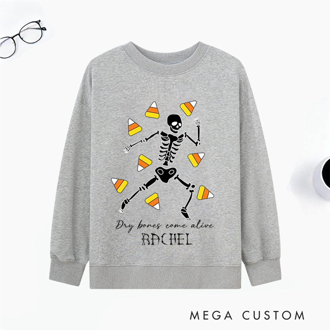 Personalized Halloween Skeleton Pumpkin Candy Classic Sweatshirt with Name Halloween Gift for Women and Men