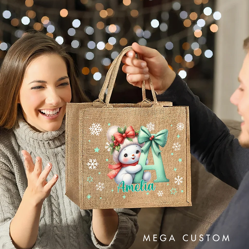Personalized Cartoon Santa Hat Snowman Bow Initial Jute Tote Bag with Name Birthday Christmas Gift
