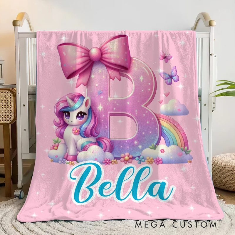 Personalized Bow Fantasy Unicorn Soft Throw Blanket with Name Birthday Gift for Unicorn Lovers
