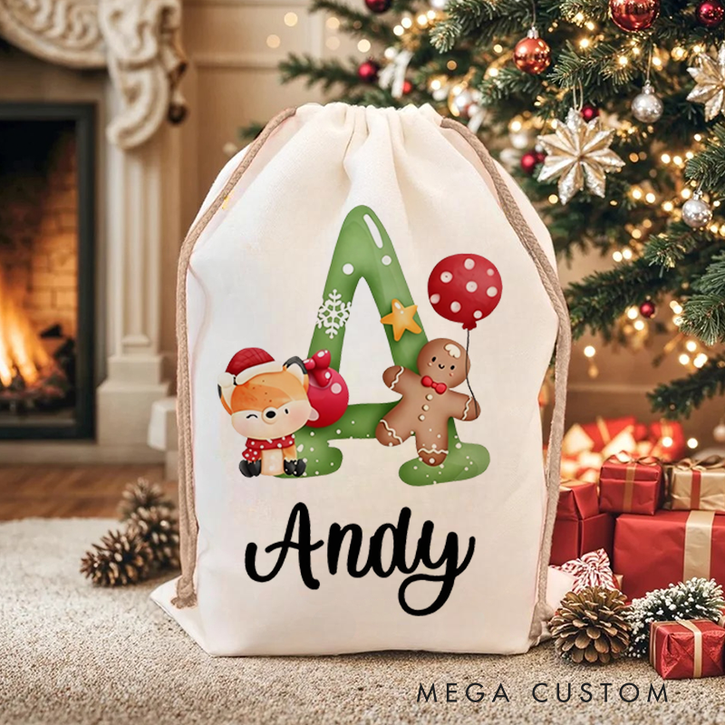 Personalized Christmas Animal Alphabet Linen Drawstring Bag for Gift Wrapping Party Favors